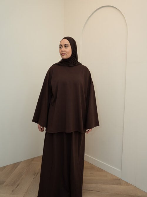 Alternative view of SKIRT SET LONGSLEEVE COTTON TOP - BROWN