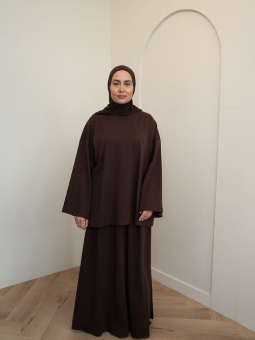SKIRT SET LONGSLEEVE COTTON TOP - BROWN
