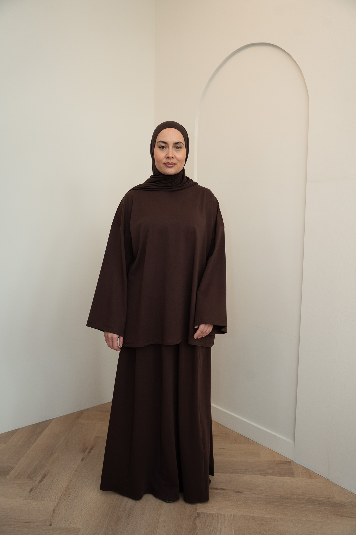 SKIRT SET LONGSLEEVE COTTON TOP - BROWN