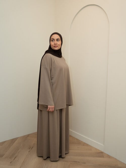 SKIRT SET LONGSLEEVE COTTON TOP - TAUPE