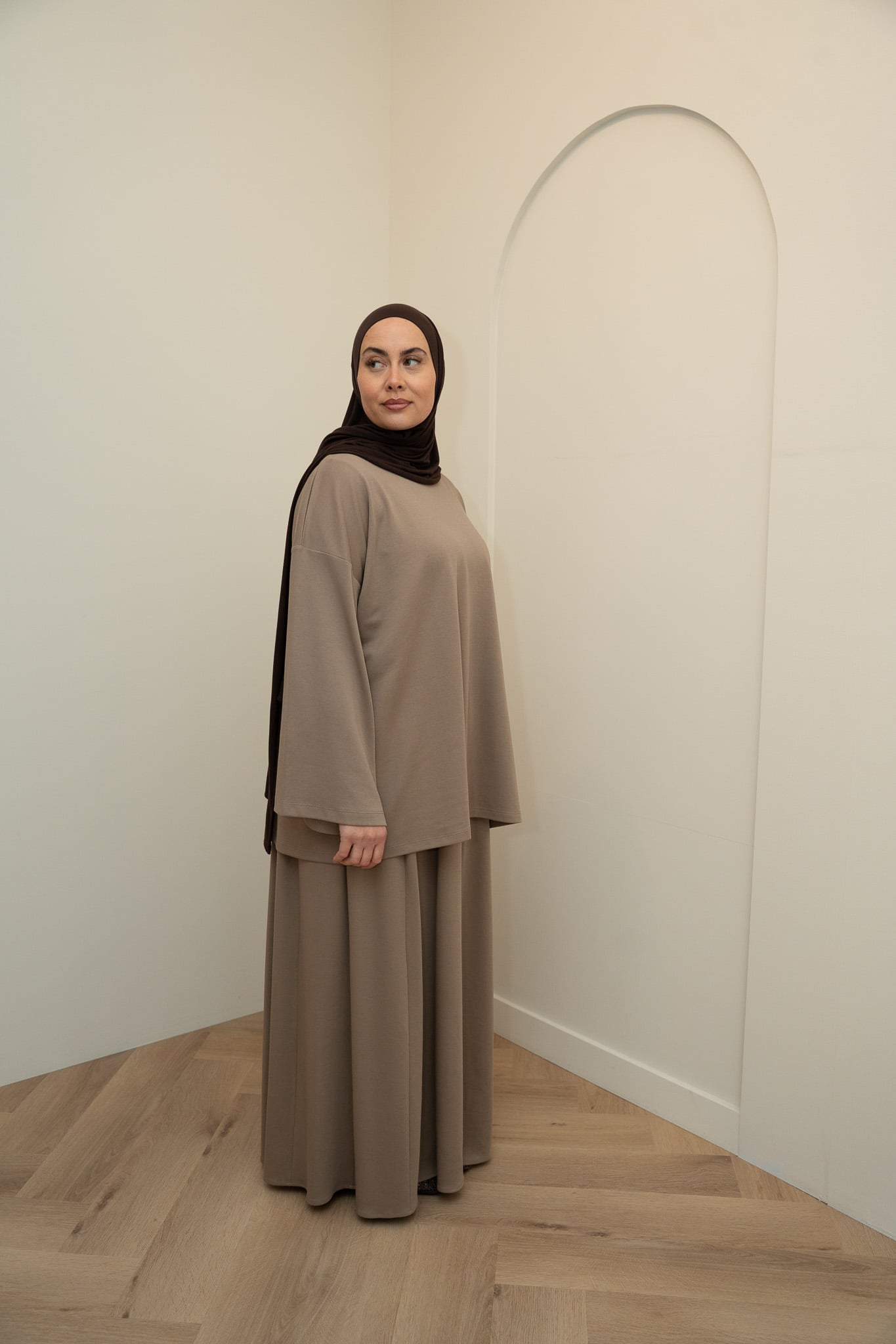SKIRT SET LONGSLEEVE COTTON TOP - TAUPE