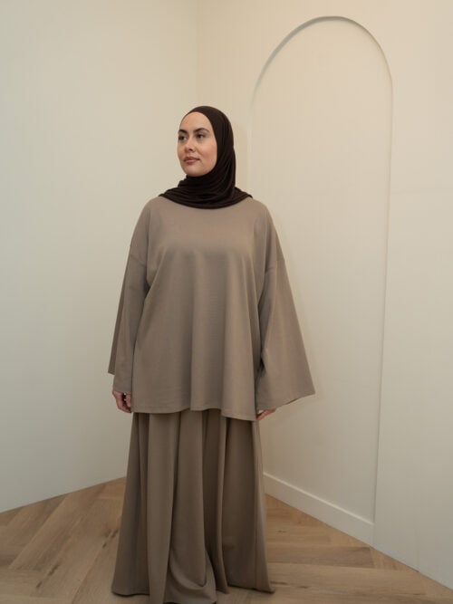 SKIRT SET LONGSLEEVE COTTON TOP - TAUPE - Afbeelding 3
