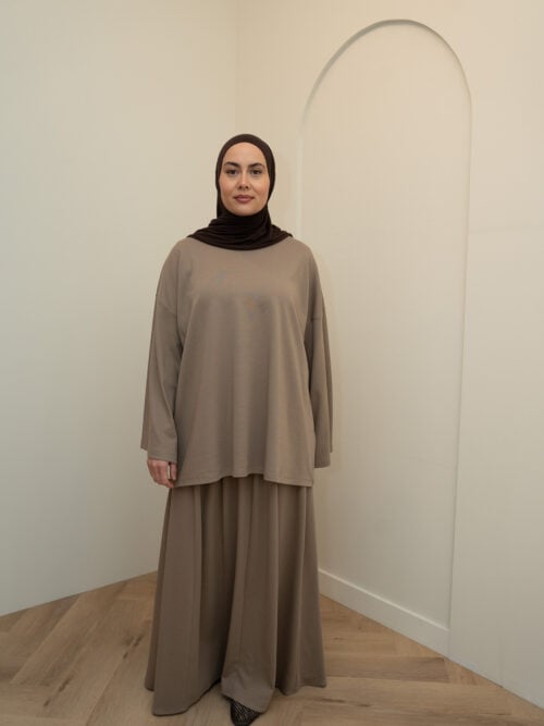 Alternative view of SKIRT SET LONGSLEEVE COTTON TOP - TAUPE