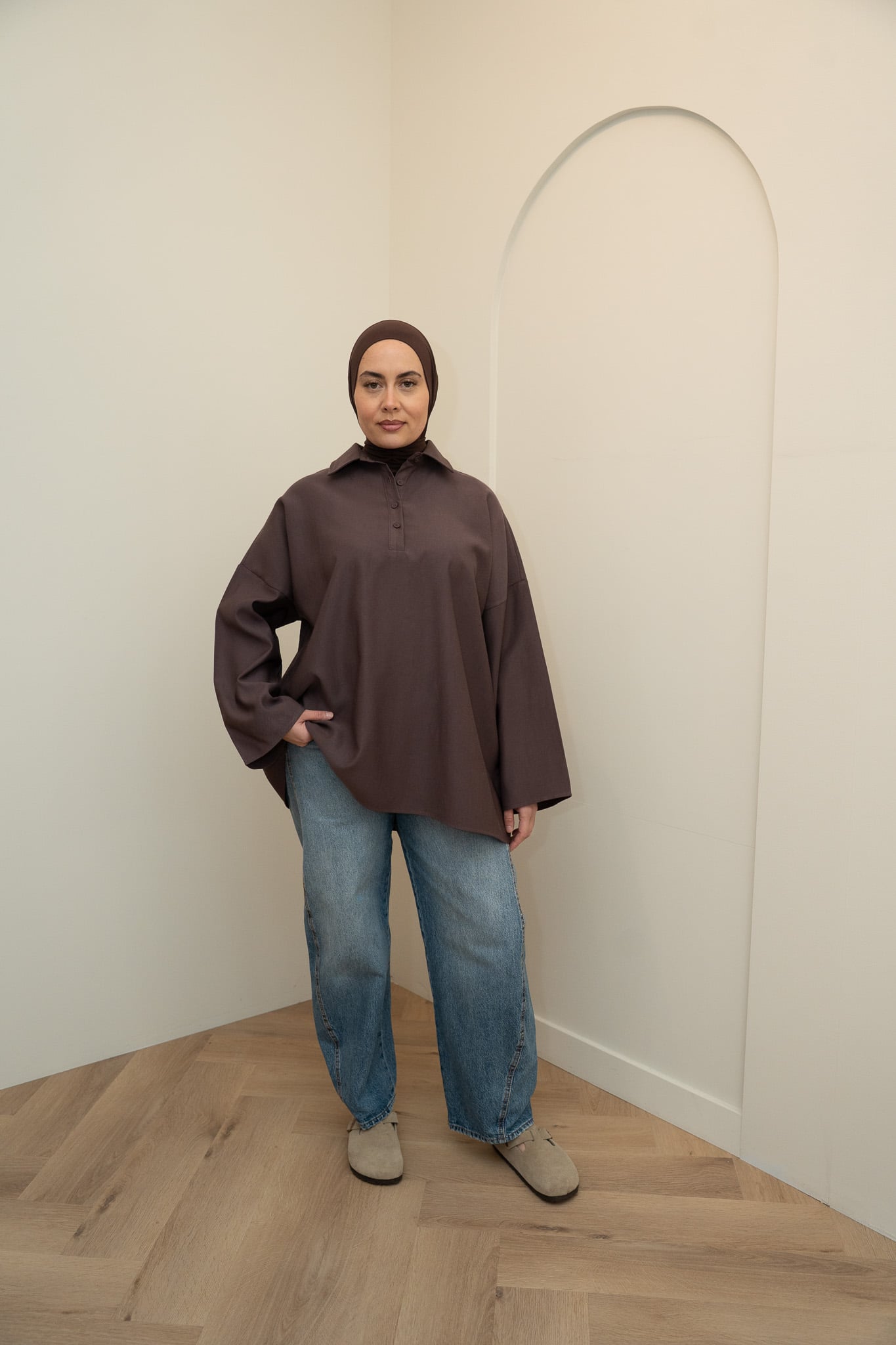 RAYON POLO TOP - BROWN TAUPE